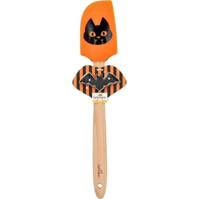 Teigschaber Katze orange mit Ausstecher Edelstahl Fledermaus Halloween