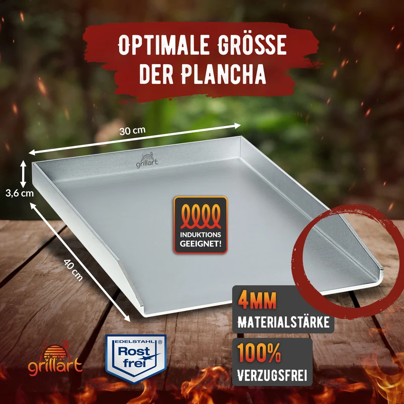 Plancha Grillplatte mit Grillspachtel 4mm Edelstahl – 30x40cm Induktion geeignet