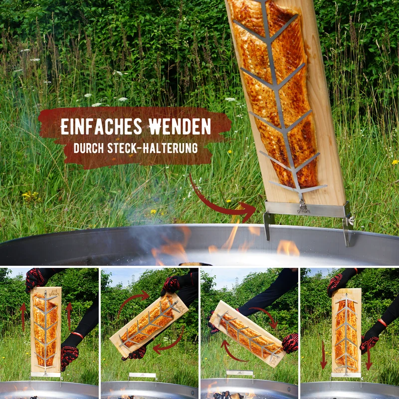 Premium Flammlachsbrett mit Halterung aus Edelstahl für herrlichen Flammlachs Zedernholz