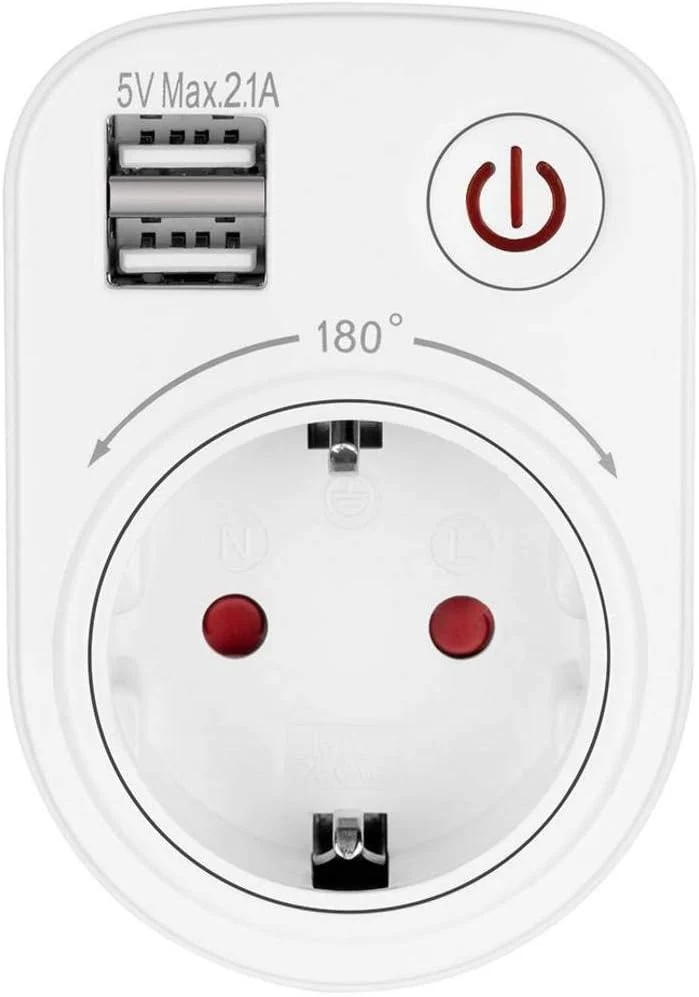 Zwischensteckdose mit 2 USB Anschlüssen 180° drehbar 2.100mA
