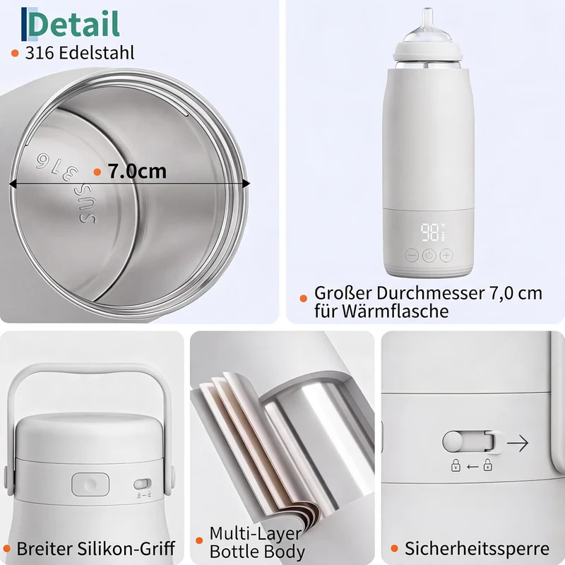 Flaschenwärmer für Babyflaschen, tragbar, 500 ml, schnell Weiss, Weiss