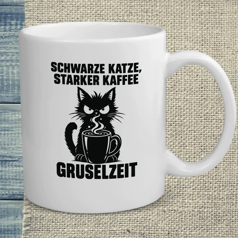 Schwarze Katze, starker Kaffee, Gruselzeit - Tasse