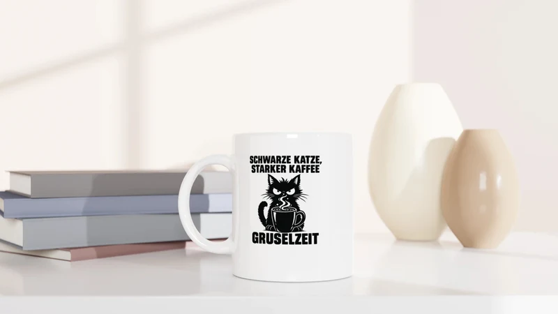Schwarze Katze, starker Kaffee, Gruselzeit - Tasse