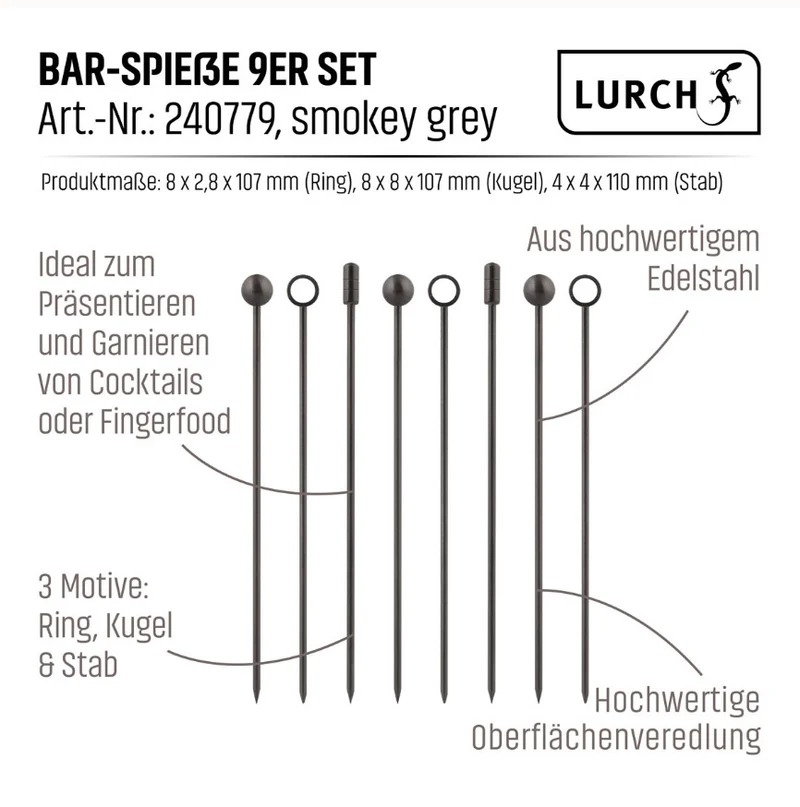 Bar-Spiesse 9er Set smokey grey je 3 Stück mit Ring-, Kugel-, Zylinder-Spitze
