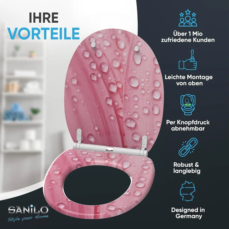 Sanilo WC Sitz mit Absenkautomatik & Quick-Release aus Holz, Pink Flower, Pink Flower