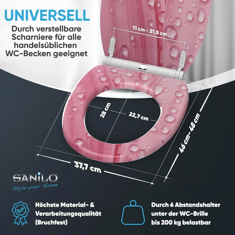 Sanilo WC Sitz mit Absenkautomatik & Quick-Release aus Holz, Pink Flower, Pink Flower