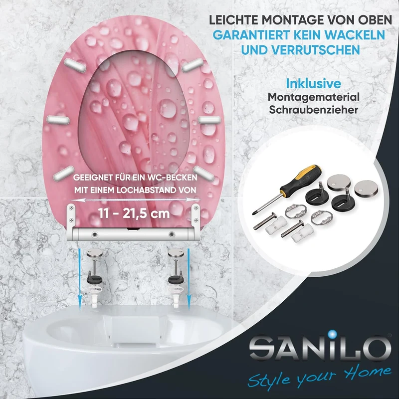 Sanilo WC Sitz mit Absenkautomatik & Quick-Release aus Holz, Pink Flower, Pink Flower