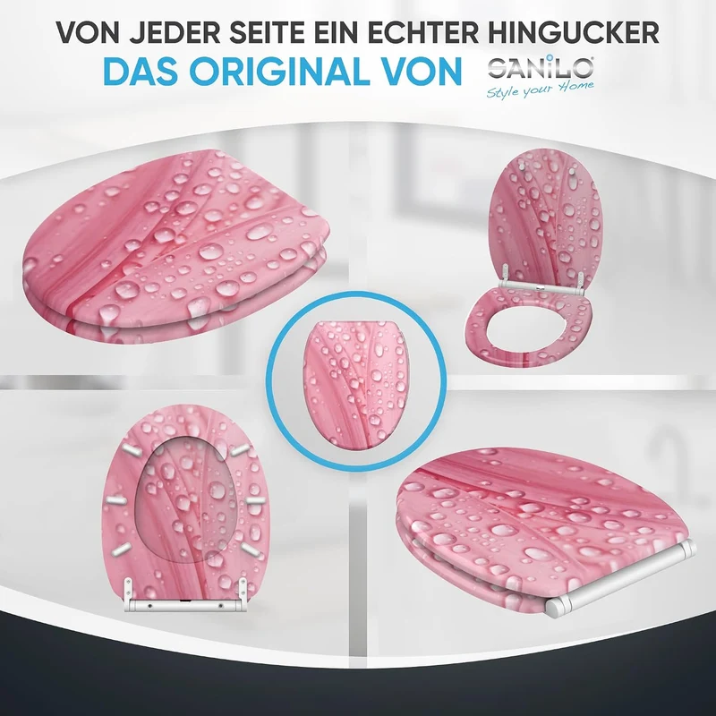 Sanilo WC Sitz mit Absenkautomatik & Quick-Release aus Holz, Pink Flower, Pink Flower