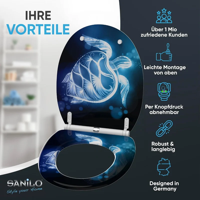 Sanilo WC Sitz mit Absenkautomatik & Quick-Release aus Holz, Glow Turtle, Glow Turtle