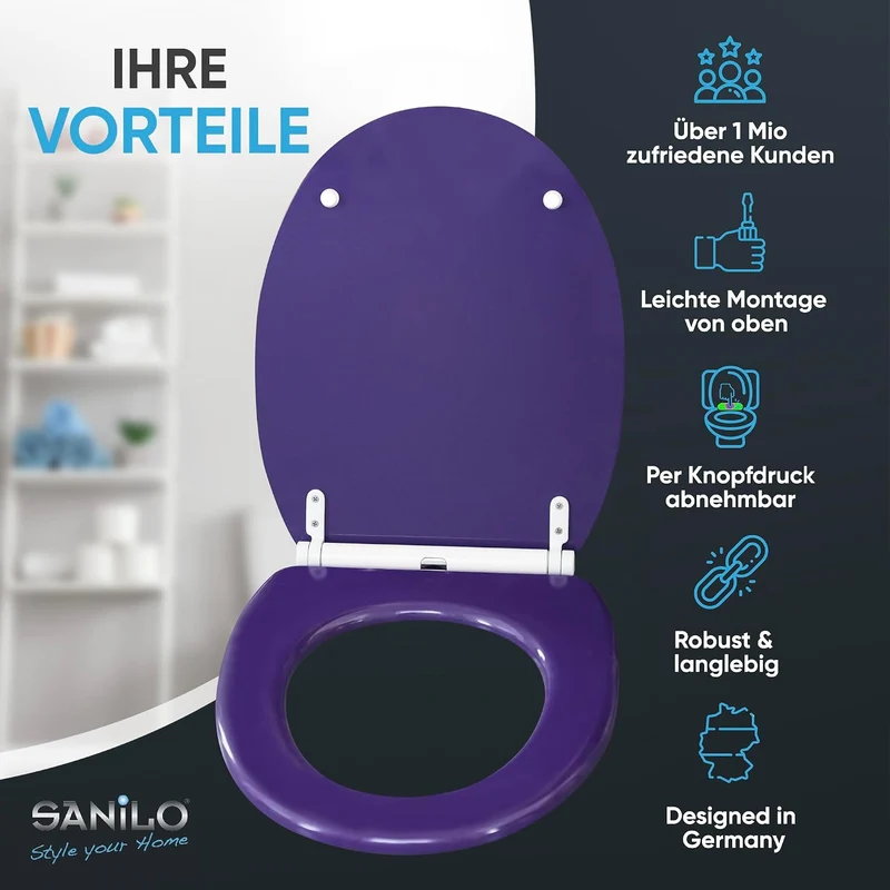 Sanilo WC Sitz mit Absenkautomatik & Quick-Release aus Holz, Glitzer Lila
