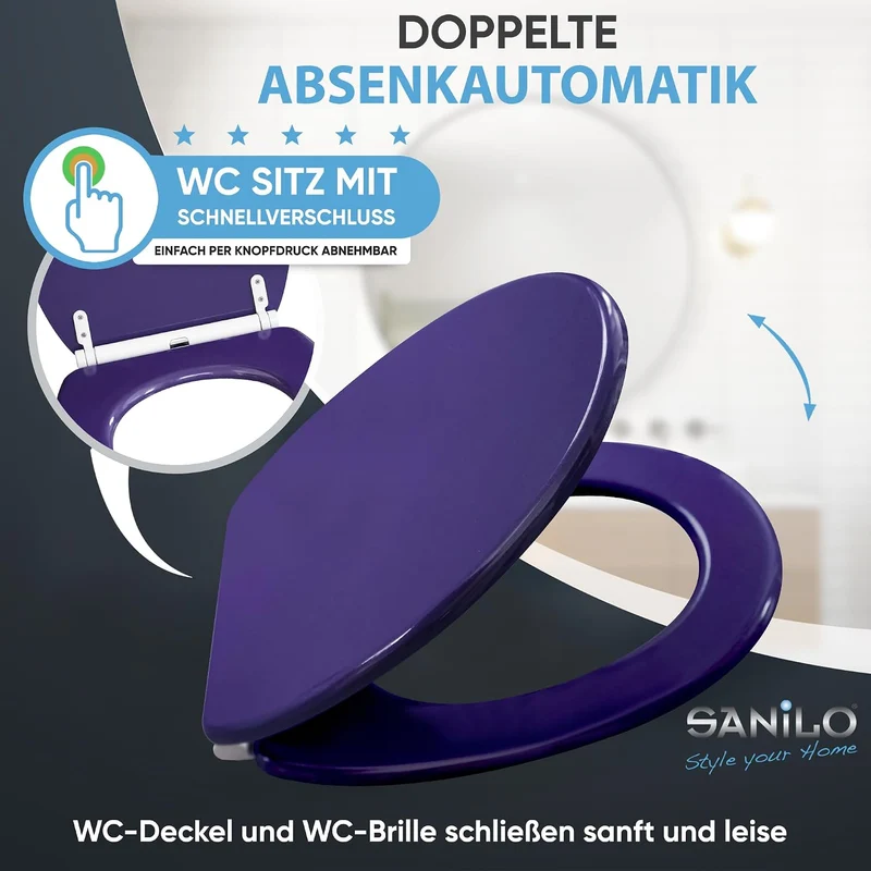 Sanilo WC Sitz mit Absenkautomatik & Quick-Release aus Holz, Glitzer Lila