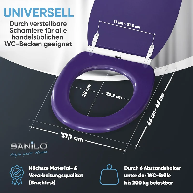 Sanilo WC Sitz mit Absenkautomatik & Quick-Release aus Holz, Glitzer Lila