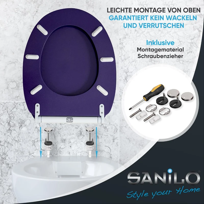 Sanilo WC Sitz mit Absenkautomatik & Quick-Release aus Holz, Glitzer Lila