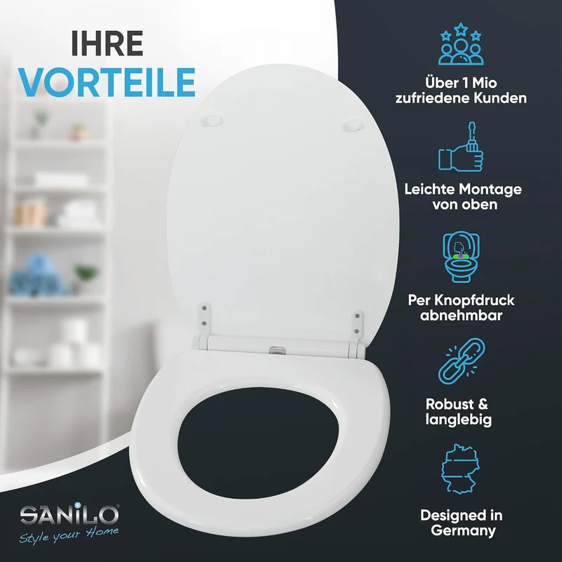 Sanilo WC Sitz mit Absenkautomatik & Quick-Release aus Holz, Glitzer Weiss