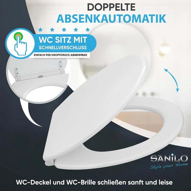 Sanilo WC Sitz mit Absenkautomatik & Quick-Release aus Holz, Glitzer Weiss