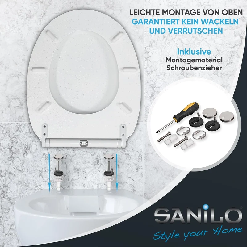 Sanilo WC Sitz mit Absenkautomatik & Quick-Release aus Holz, Glitzer Weiss