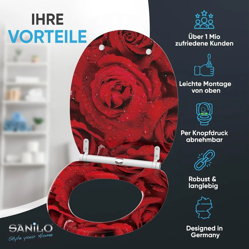 Sanilo WC Sitz mit Absenkautomatik & Schnellverschluss, Toilettendeckel per Knopfdruck abnehmbar, ei