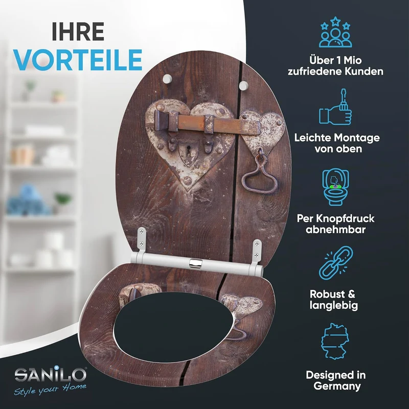 Sanilo WC Sitz mit Absenkautomatik & Quick-Release aus Holz, Türschloss