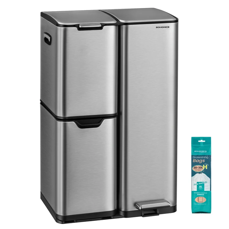 SONGMICS Mülleimer, Mülltrennsystem mit Deckel, 3 Fächer, 60 L Silbern, Silbern