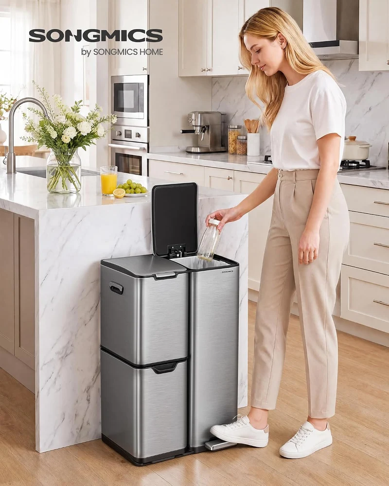 SONGMICS Mülleimer, Mülltrennsystem mit Deckel, 3 Fächer, 60 L Silbern, Silbern