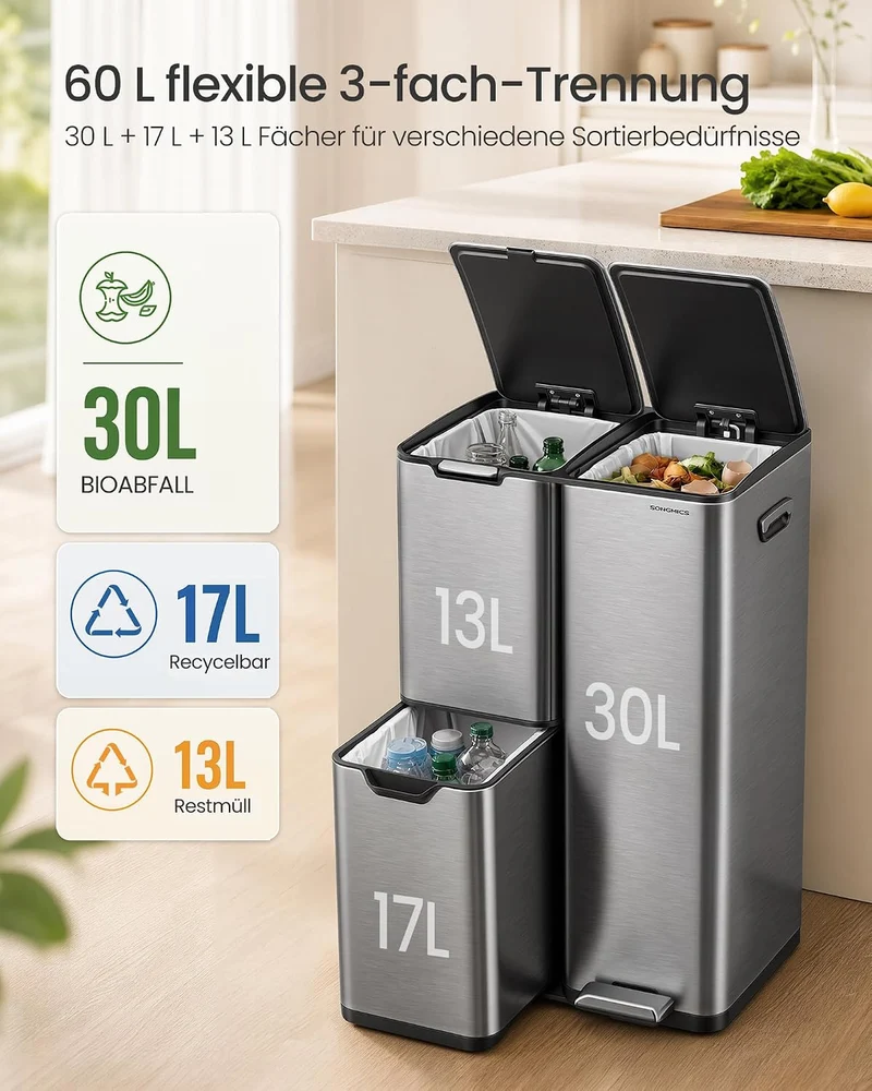 SONGMICS Mülleimer, Mülltrennsystem mit Deckel, 3 Fächer, 60 L Silbern, Silbern