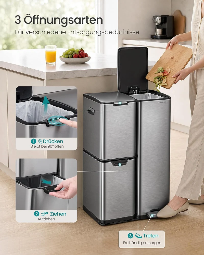 SONGMICS Mülleimer, Mülltrennsystem mit Deckel, 3 Fächer, 60 L Silbern, Silbern