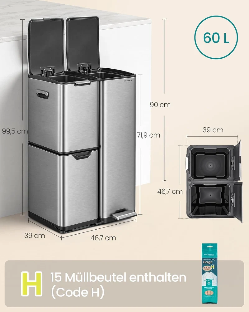 SONGMICS Mülleimer, Mülltrennsystem mit Deckel, 3 Fächer, 60 L Silbern, Silbern
