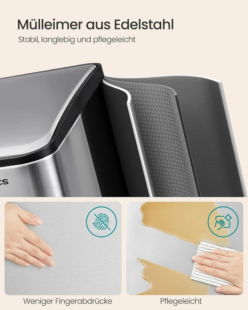 SONGMICS Mülleimer, Mülltrennsystem mit Deckel, 3 Fächer, 60 L Silbern, Silbern
