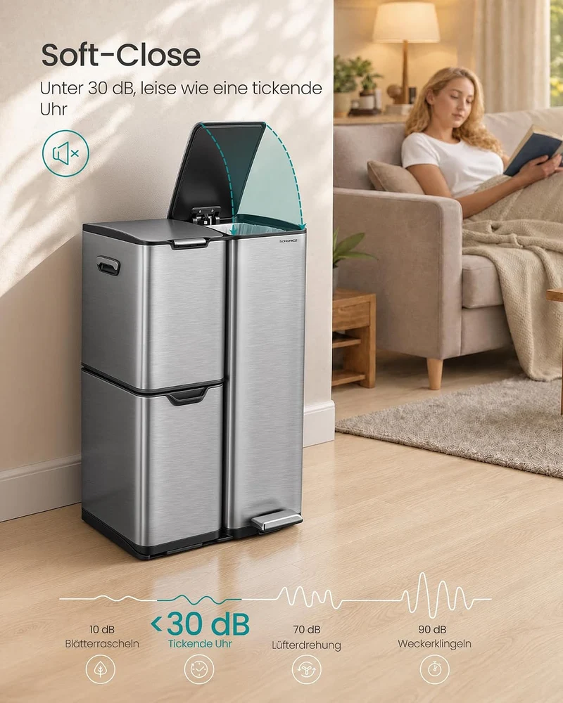 SONGMICS Mülleimer, Mülltrennsystem mit Deckel, 3 Fächer, 60 L Silbern, Silbern