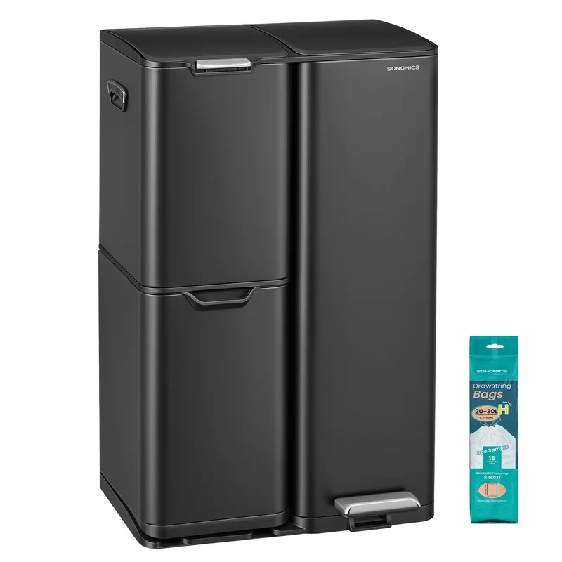 SONGMICS Mülleimer, Mülltrennsystem mit Deckel, 3 Fächer, 60 L Schwarz, Schwarz