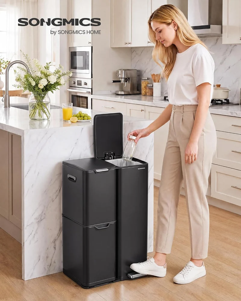 SONGMICS Mülleimer, Mülltrennsystem mit Deckel, 3 Fächer, 60 L Schwarz, Schwarz