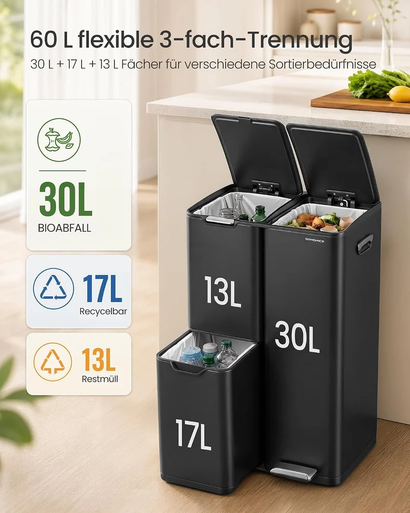 SONGMICS Mülleimer, Mülltrennsystem mit Deckel, 3 Fächer, 60 L Schwarz, Schwarz