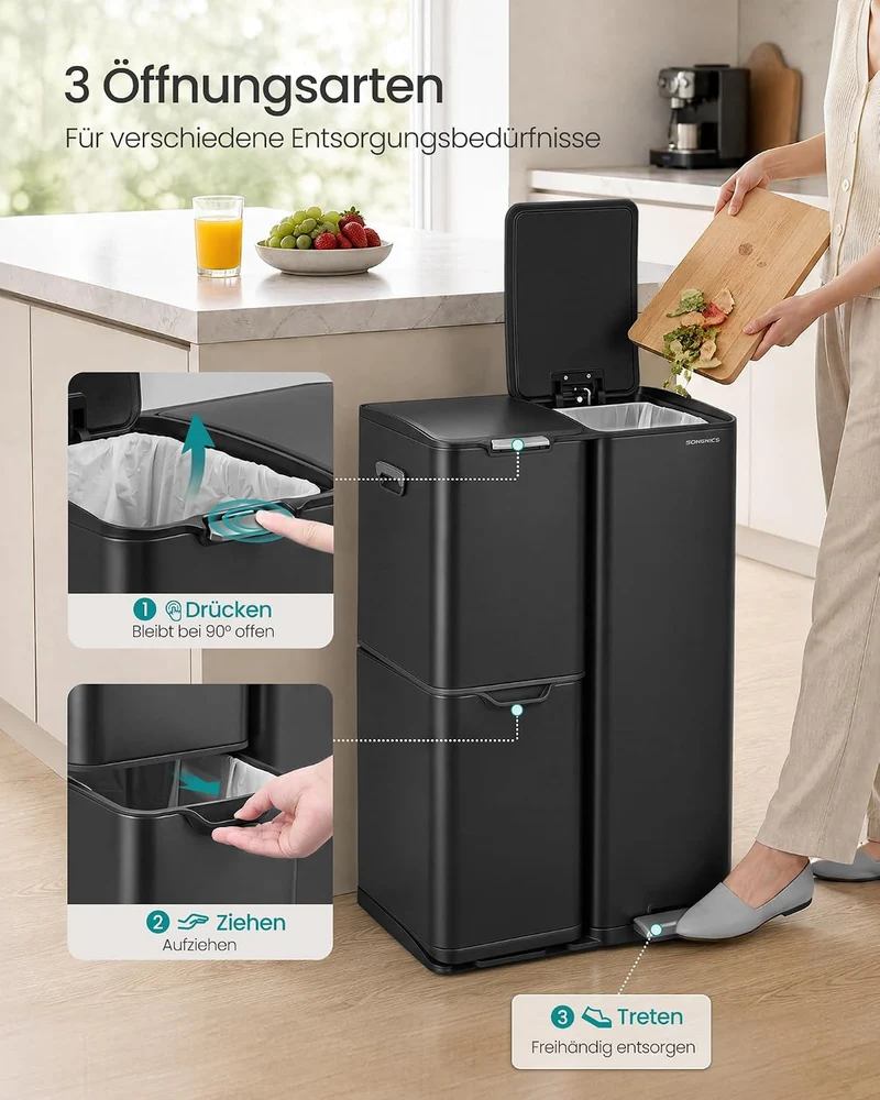 SONGMICS Mülleimer, Mülltrennsystem mit Deckel, 3 Fächer, 60 L Schwarz, Schwarz