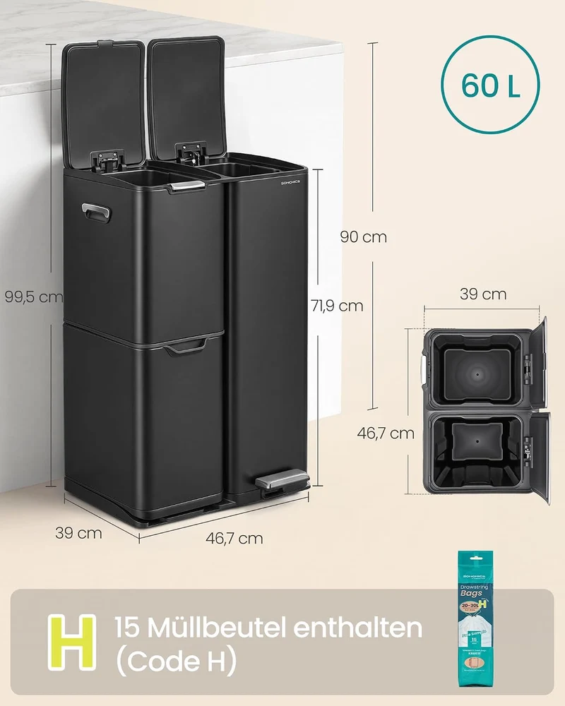 SONGMICS Mülleimer, Mülltrennsystem mit Deckel, 3 Fächer, 60 L Schwarz, Schwarz