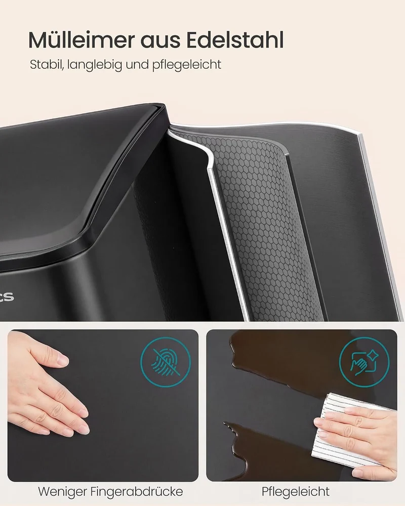 SONGMICS Mülleimer, Mülltrennsystem mit Deckel, 3 Fächer, 60 L Schwarz, Schwarz