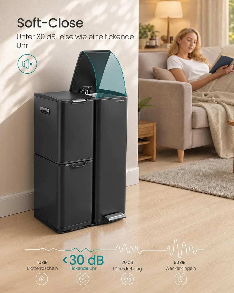 SONGMICS Mülleimer, Mülltrennsystem mit Deckel, 3 Fächer, 60 L Schwarz, Schwarz