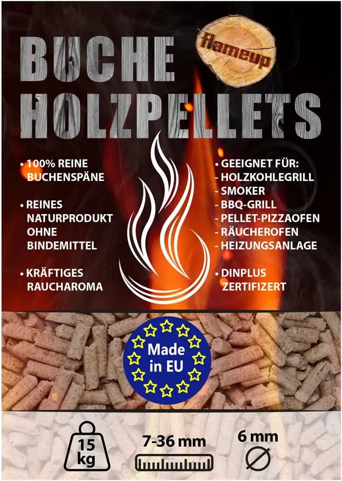 Buche Pellets Grill Smoker Holz Pizzaofen BBQ Pellet Outdoor Ofen Flameup 15 kg Buche, 15 kg Buche