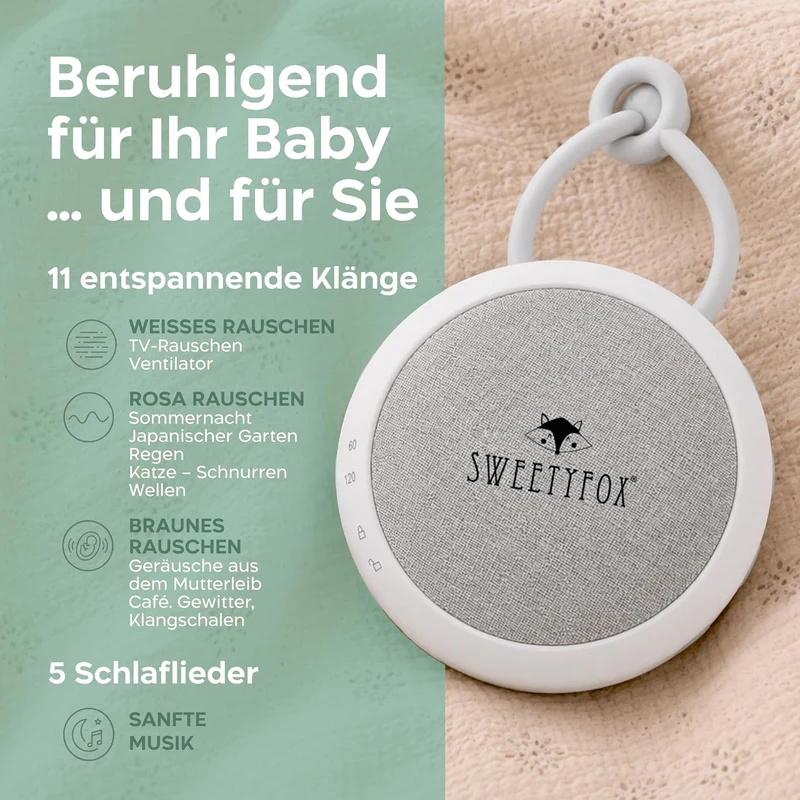 Sweety Fox White Noise Machine, Einschlafhilfe Kinder, Nachtlicht, Weiss, Weiss