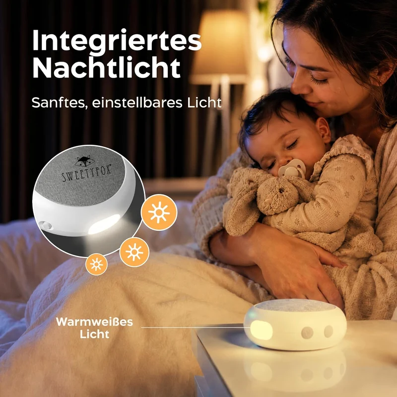 Sweety Fox White Noise Machine, Einschlafhilfe Kinder, Nachtlicht, Weiss, Weiss