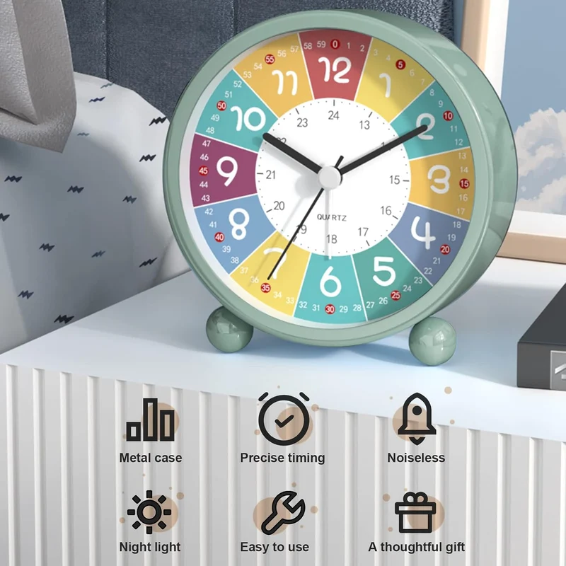 Analog Wecker Kinder, Ohne Ticken Wecker Lernwecker mit Nachtlicht, Snooze Analog Wecker, Lernuhr Ki