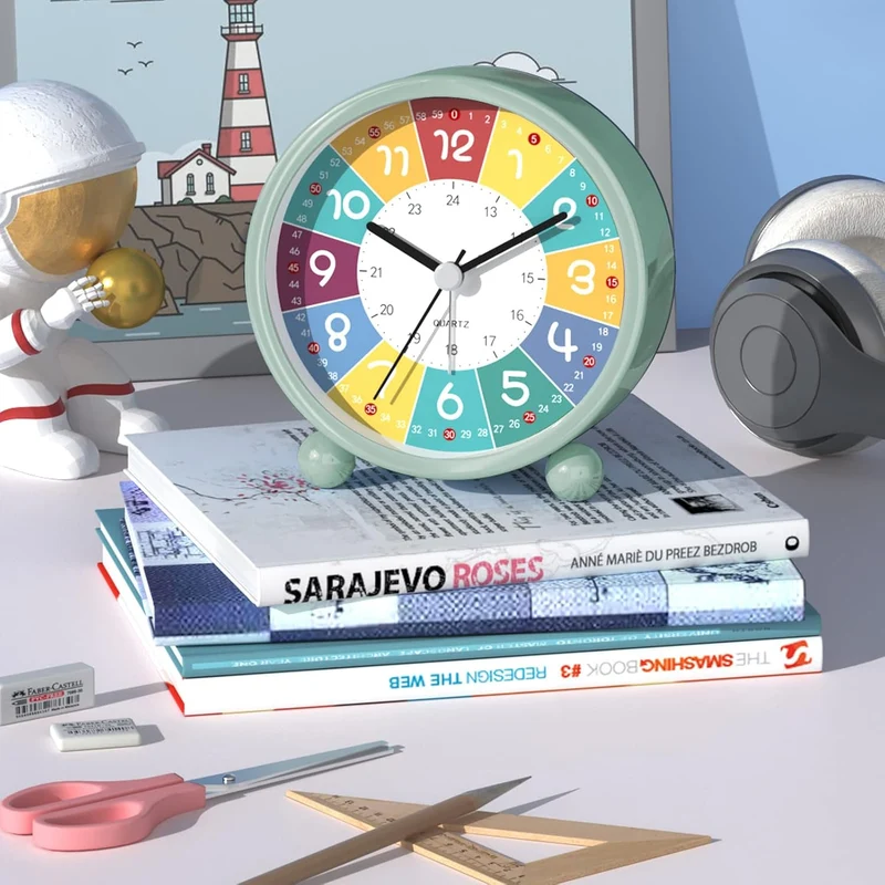 Analog Wecker Kinder, Ohne Ticken Wecker Lernwecker mit Nachtlicht, Snooze Analog Wecker, Lernuhr Ki