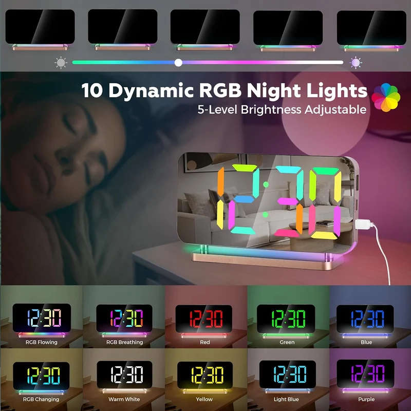 Sukeen Wecker fürs Schlafzimmer,7.4" Digitaluhr mit grossem Display,RGB-Nachtlicht,USB-C-Ladeanschlu