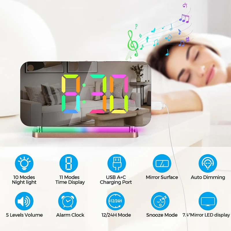 Sukeen Wecker fürs Schlafzimmer,7.4" Digitaluhr mit grossem Display,RGB-Nachtlicht,USB-C-Ladeanschlu