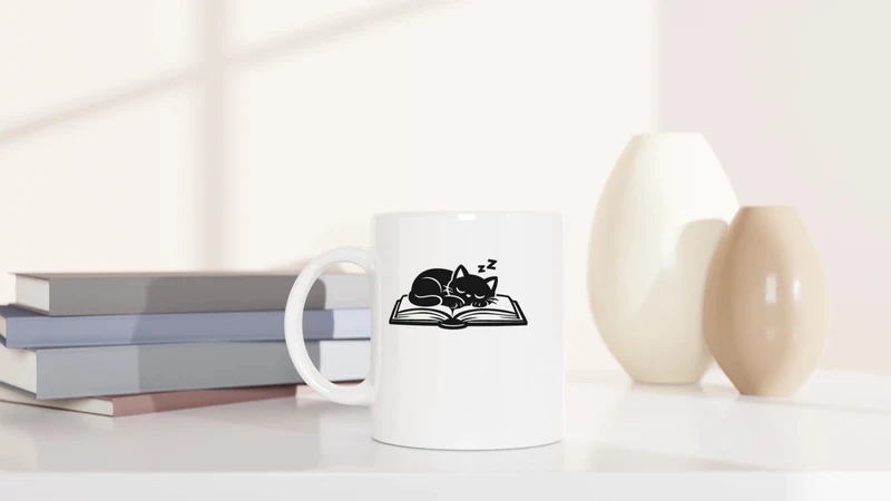 Katze auf Buch - Tasse