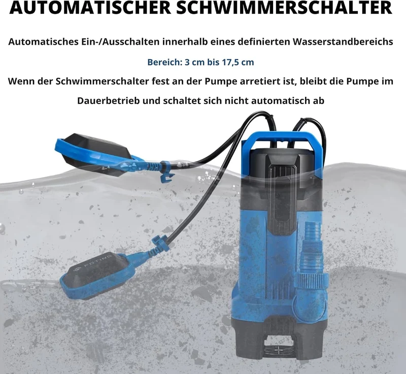 FOTING Schmutzwassertauchpumpe 900 W, 28.000 l/h, Förderhöhe bis 11 m, Eintauchtiefe bis 7 m, mit Sc