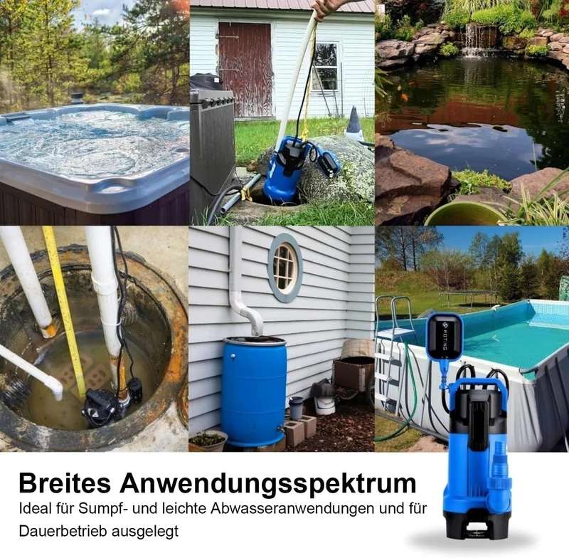 FOTING Schmutzwassertauchpumpe 900 W, 28.000 l/h, Förderhöhe bis 11 m, Eintauchtiefe bis 7 m, mit Sc