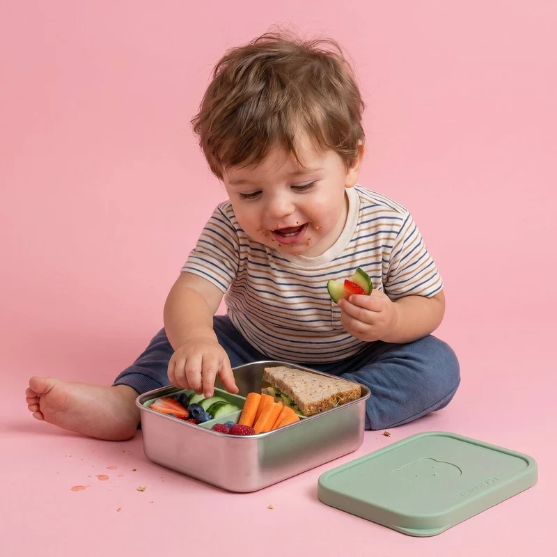Brotdose Kinder Edelstahl mit Silikoneinsatz - Salbei