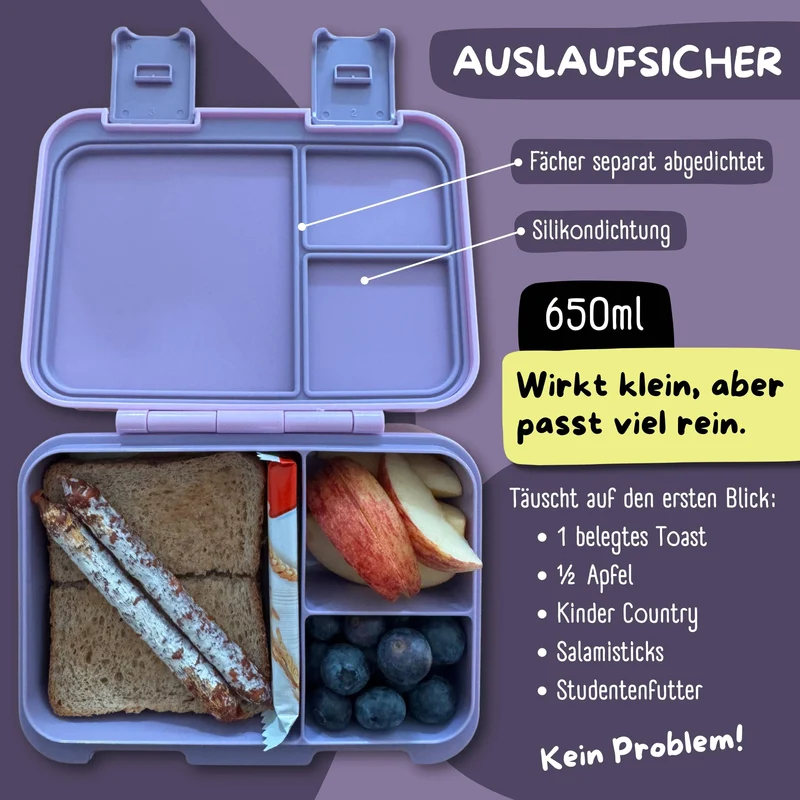 Brotdose mit Fächern, leicht & auslaufsicher - Sticker lila
