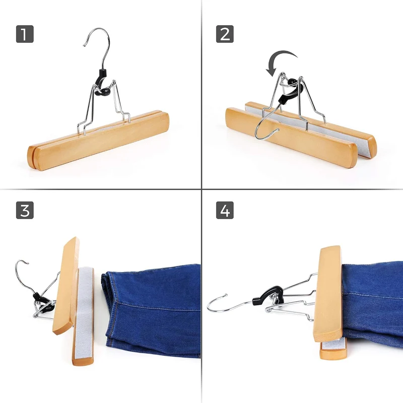SONGMICS Hosenspanner, 60 Stück, Kleiderbügel aus Holz, Hosenbügel, rutschfest, verchromter Haken, u