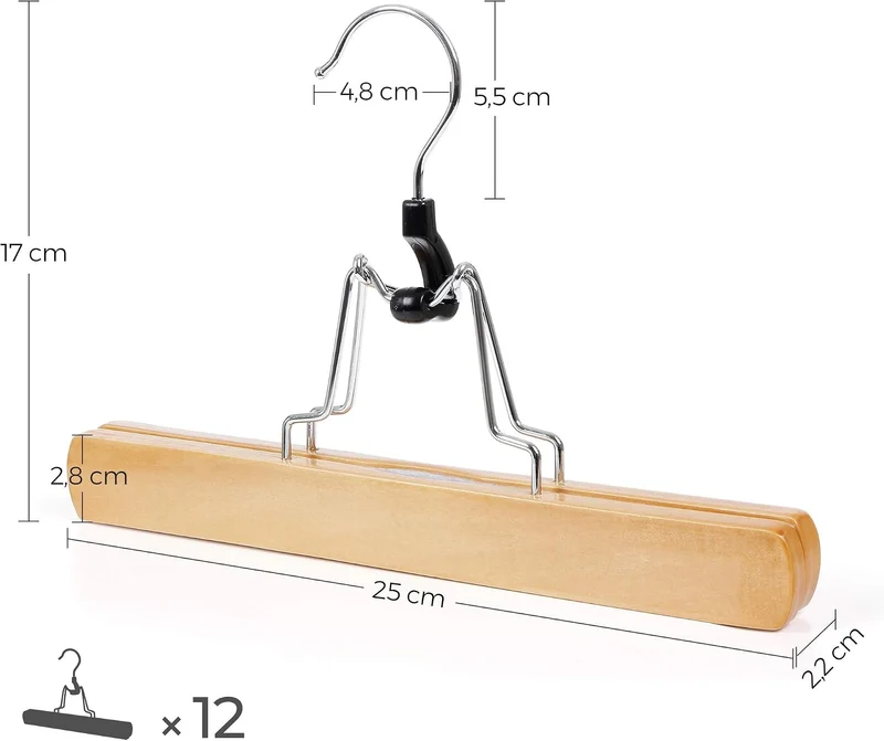 SONGMICS Hosenspanner, 60 Stück, Kleiderbügel aus Holz, Hosenbügel, rutschfest, verchromter Haken, u